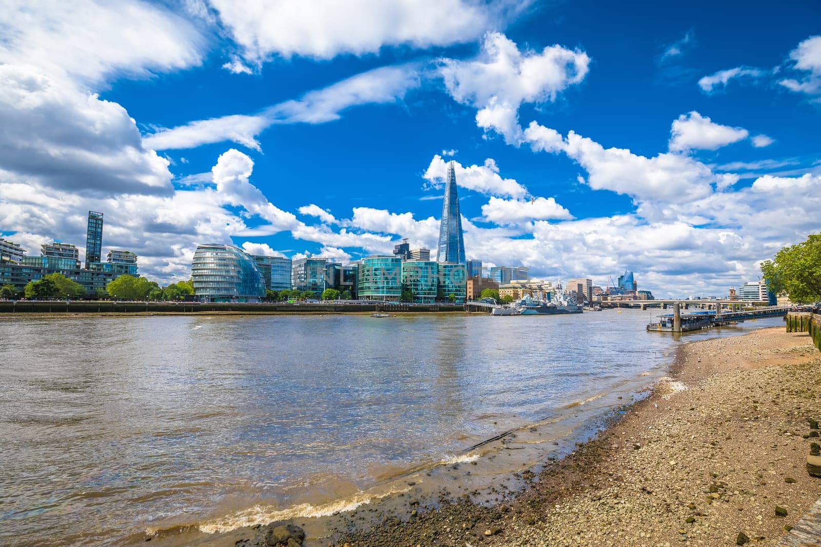 Thames river in London coastline and view to riverfront skyline, capital of United Kingdom