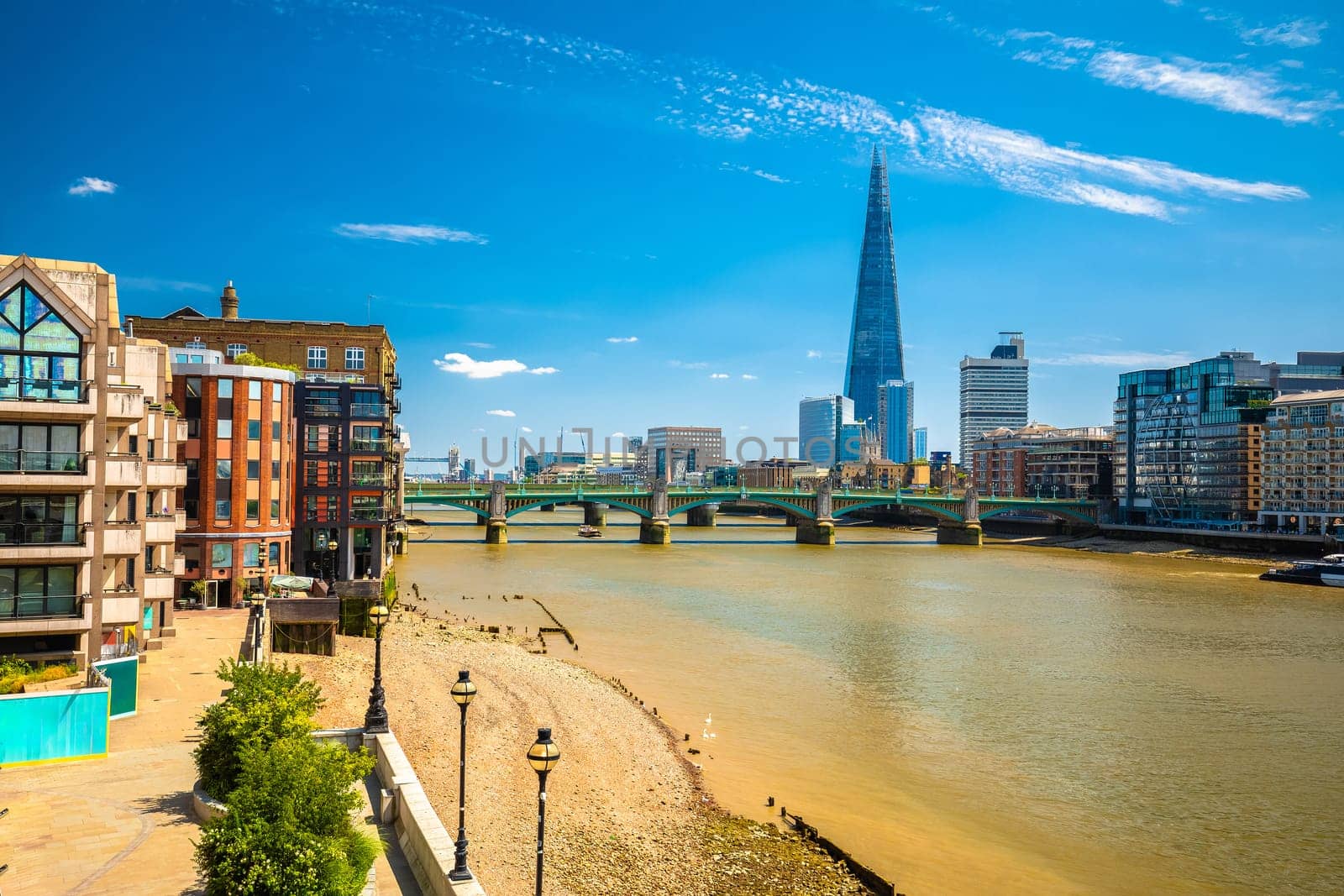 Scenic colorful Thames river waterfront in London view, capital of United Kingdom