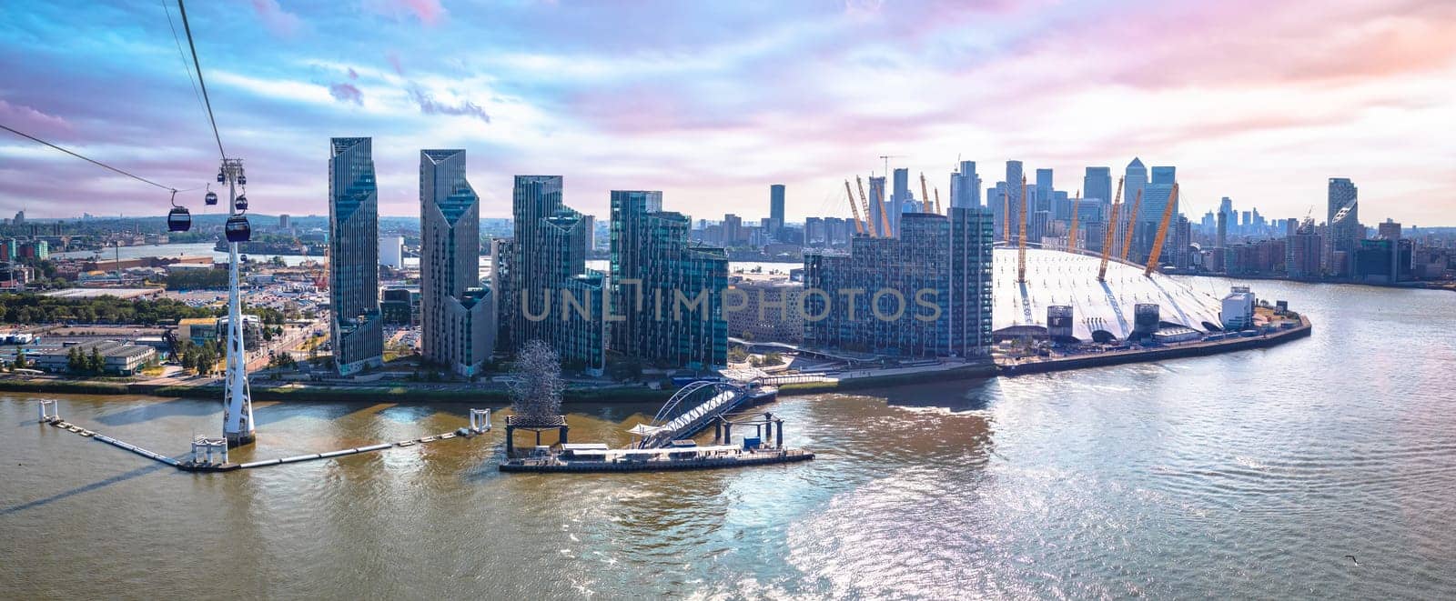 Thames river Greenwich Peninsula and Canary Wharf in London panoramic view from cable car by xbrchx