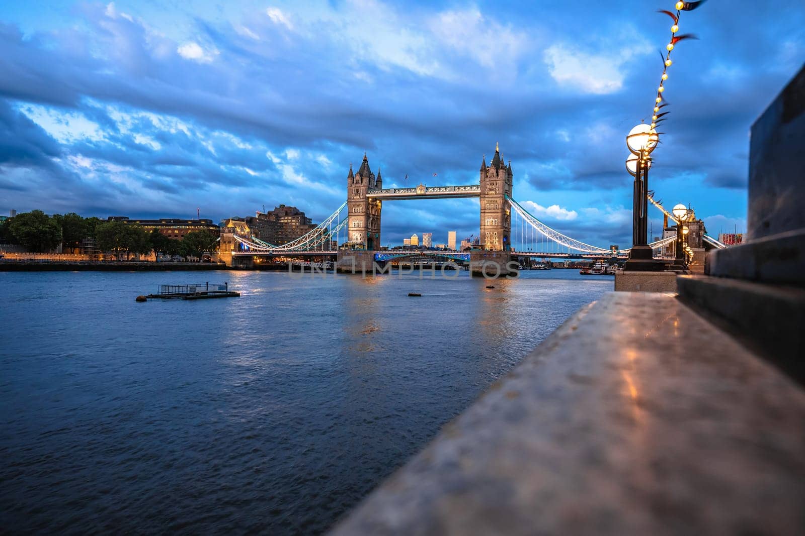 Tower bridge and Thames river in London evening view, capital of United Kingdom