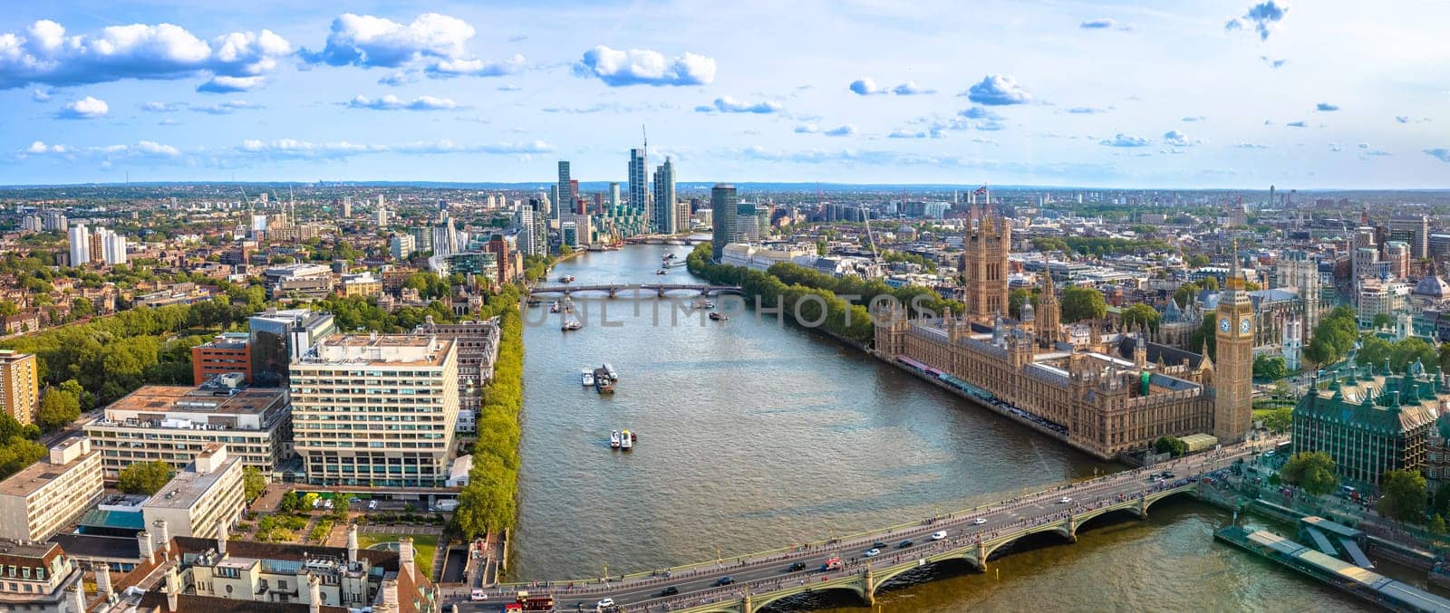 Westminster Big Ben and Thames riverfront panoramic view in London, capital of United Kingdom