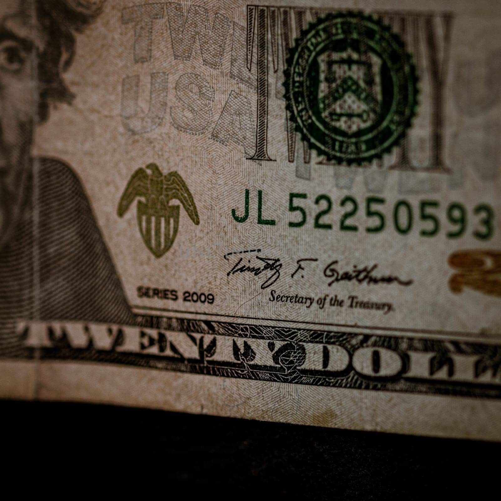 Macro shot of USD currency. USD inflation, US money by vladispas