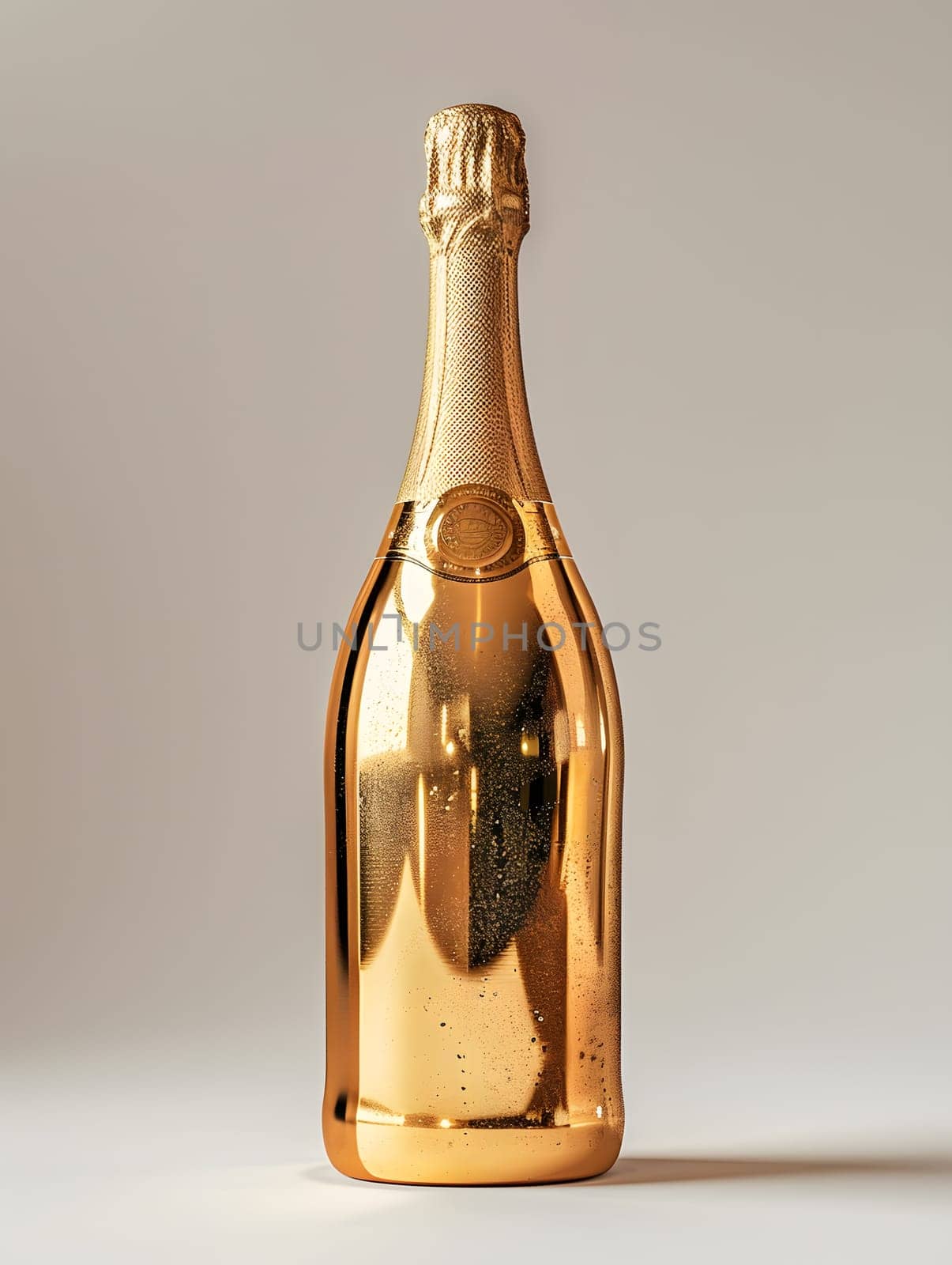 A luxurious bottle of champagne, complete with a bottle stopper and golden accents, is elegantly displayed on a sleek white surface