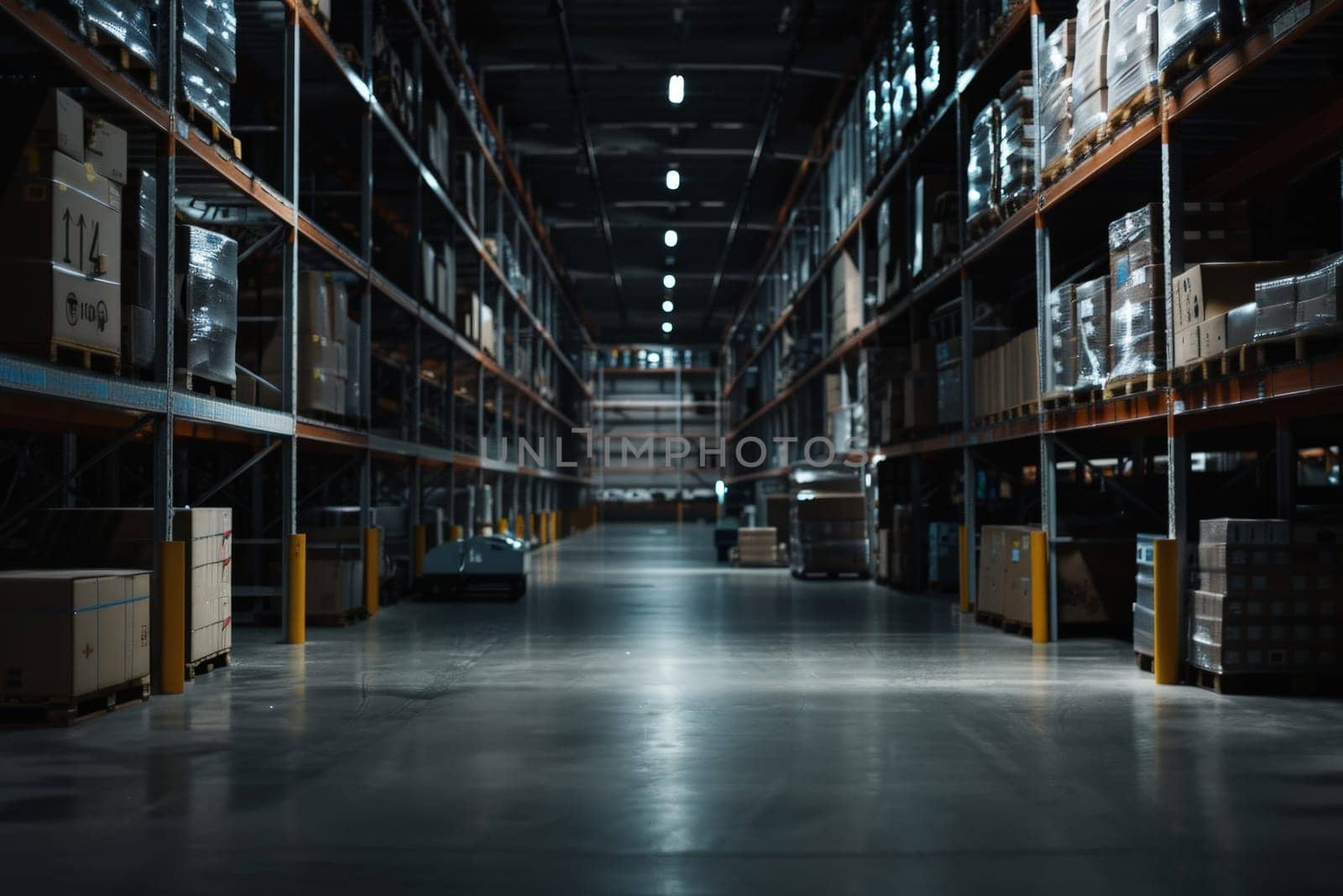 Dark warehouse, Dark industrial warehouse, Generative AI.