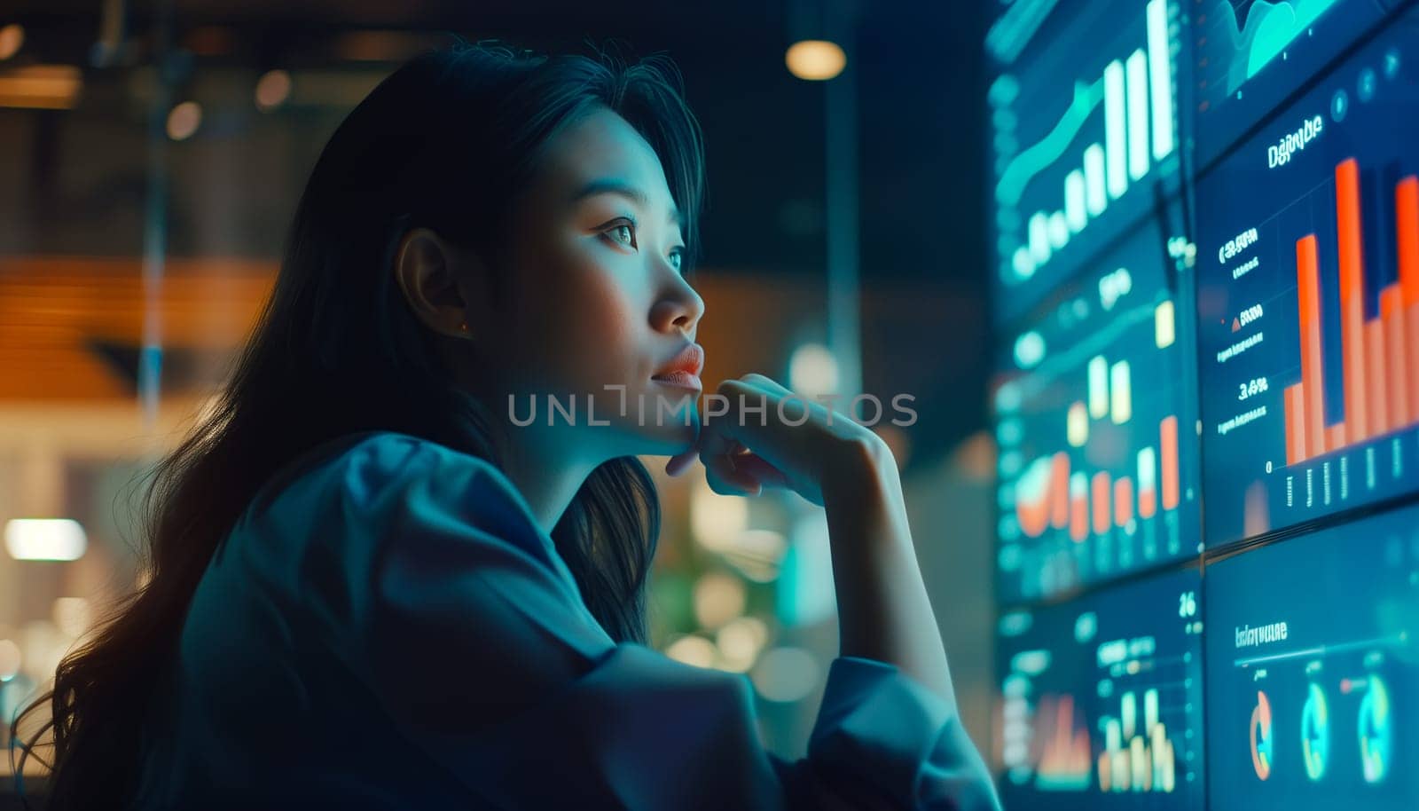 Asian woman using futuristic interface of a dashboard. by sarymsakov