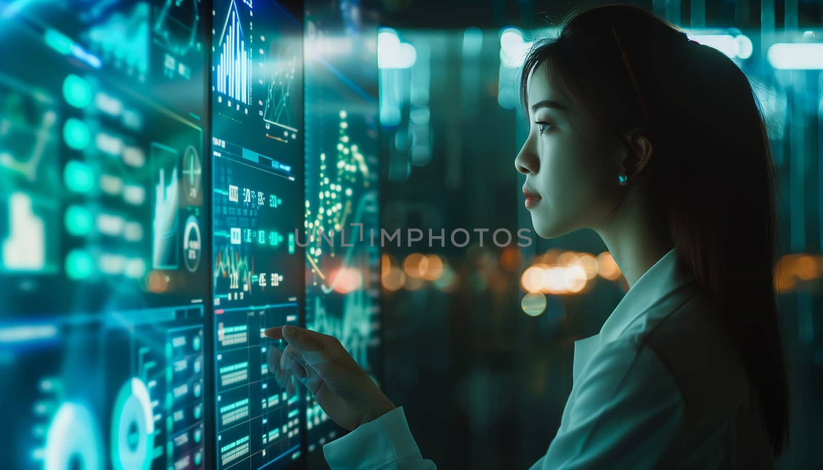 Asian woman using futuristic interface of a dashboard. by sarymsakov