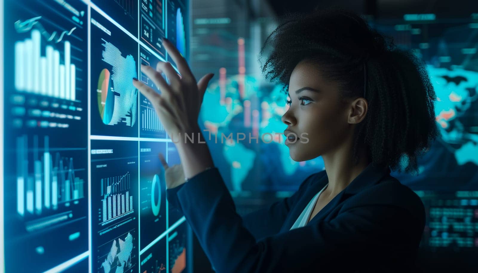 African american woman using futuristic interface of a dashboard. by sarymsakov