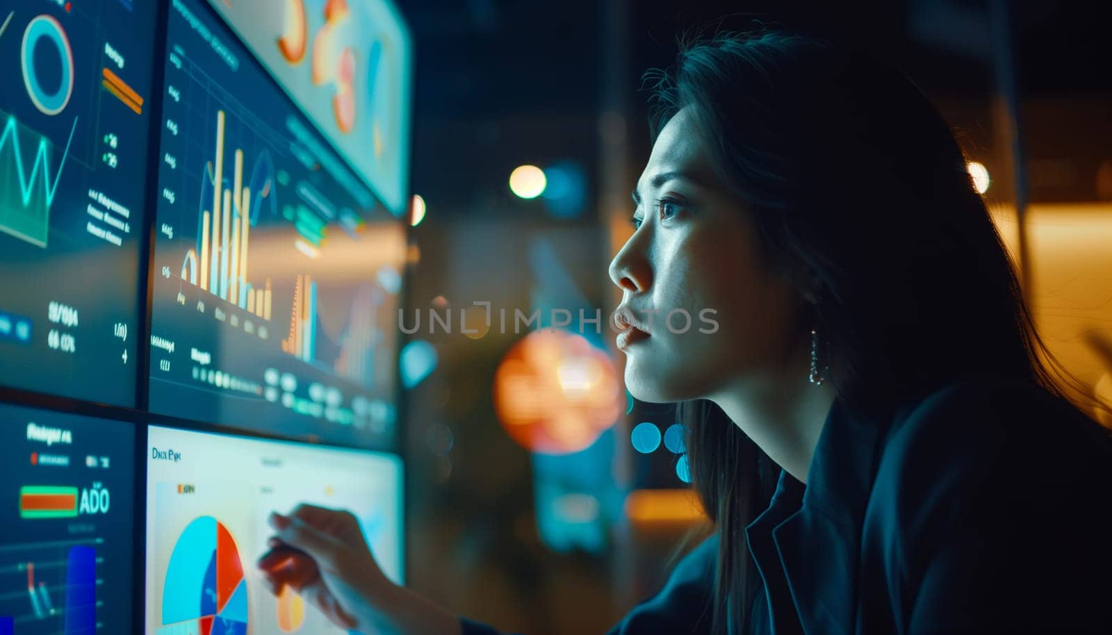 Asian woman using futuristic interface of a dashboard. by sarymsakov