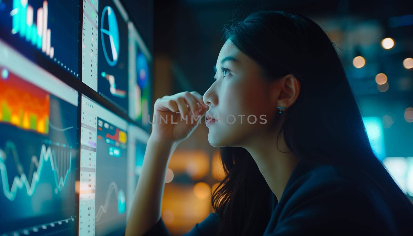 Asian woman using futuristic interface of a dashboard