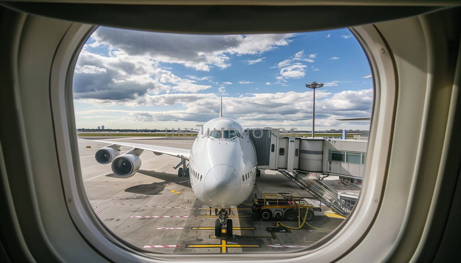 Loading cargo on the plane in airport, view through window.