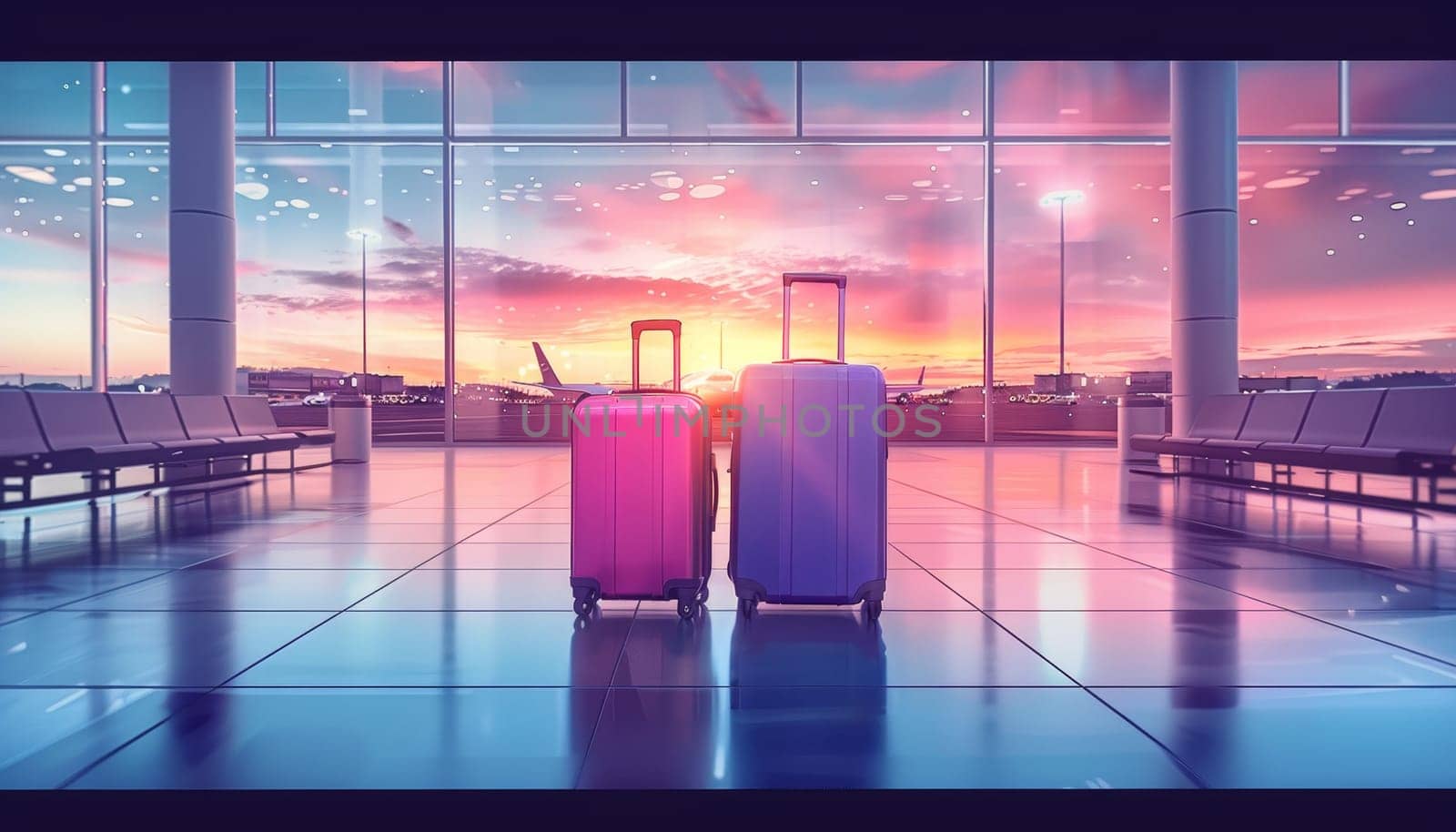 Two suitcases are sitting next to each other in a large airport terminal by AI generated image by wichayada