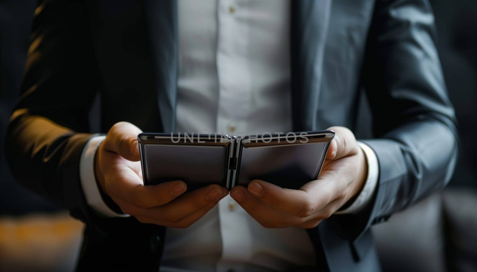 Businessman holding a foldable smartphone, technology concept. by sarymsakov