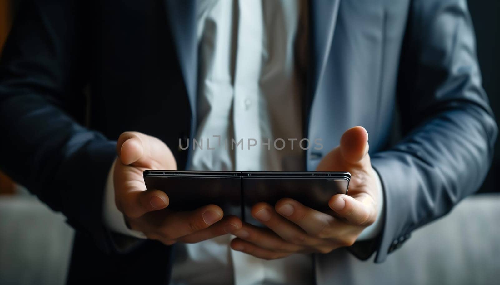 Businessman holding a foldable smartphone, technology concept. by sarymsakov