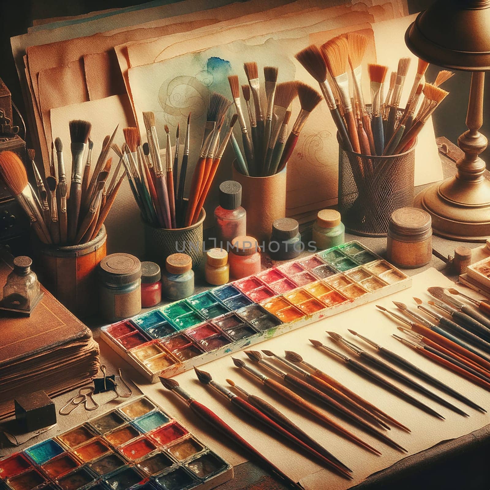 Creative Haven: Artistic Workplace Mock-up with Watercolor Supplies by Petrichor