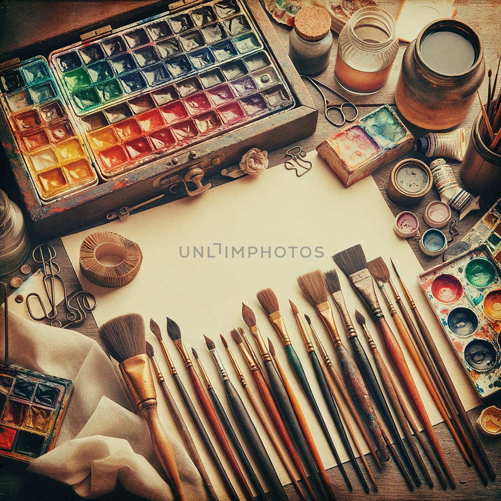 Vintage-Inspired Workspace: Artistic Mock-up with Watercolor Supplies