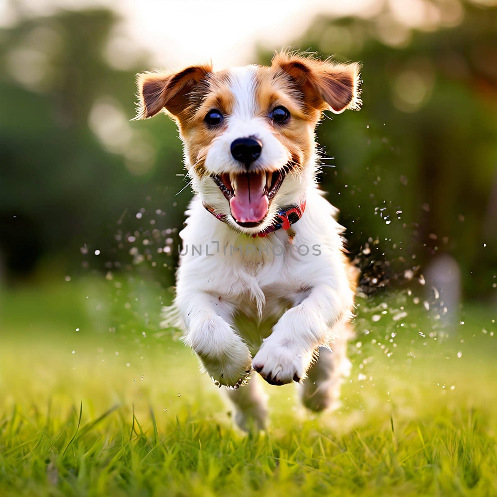 Joyous Pup: Playful Dog Running and Jumping in the Grass by Petrichor