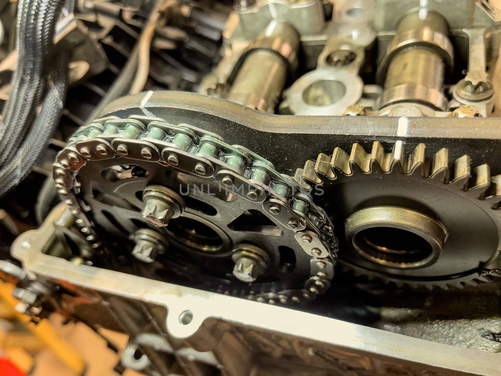 Close-up view of the timing chain inside a car engine.