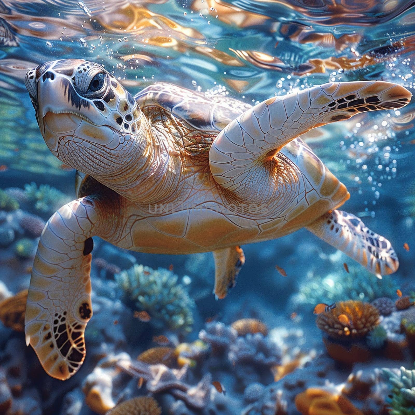 Underwater view of a swimming turtle, capturing marine life and tranquility.