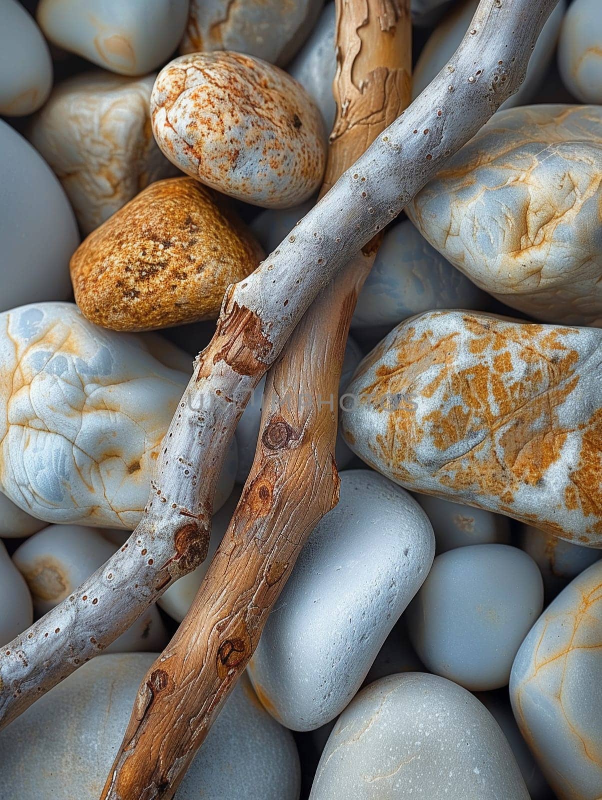 The contrasting textures of smooth pebbles and rough driftwood on a beach by Benzoix
