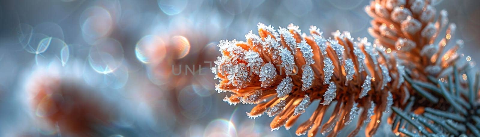 Macro shot of frost on a pine cone, showcasing winter's intricate details.