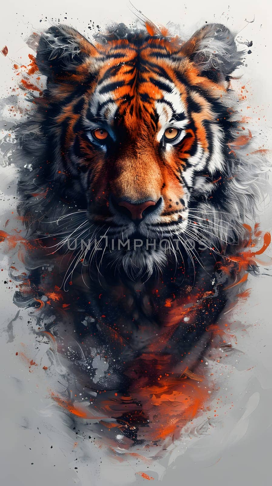 A vibrant painting of a Siberian tigers head against a white backdrop. The majestic carnivore is depicted with intricate details, showcasing the beauty of this Felidae organism