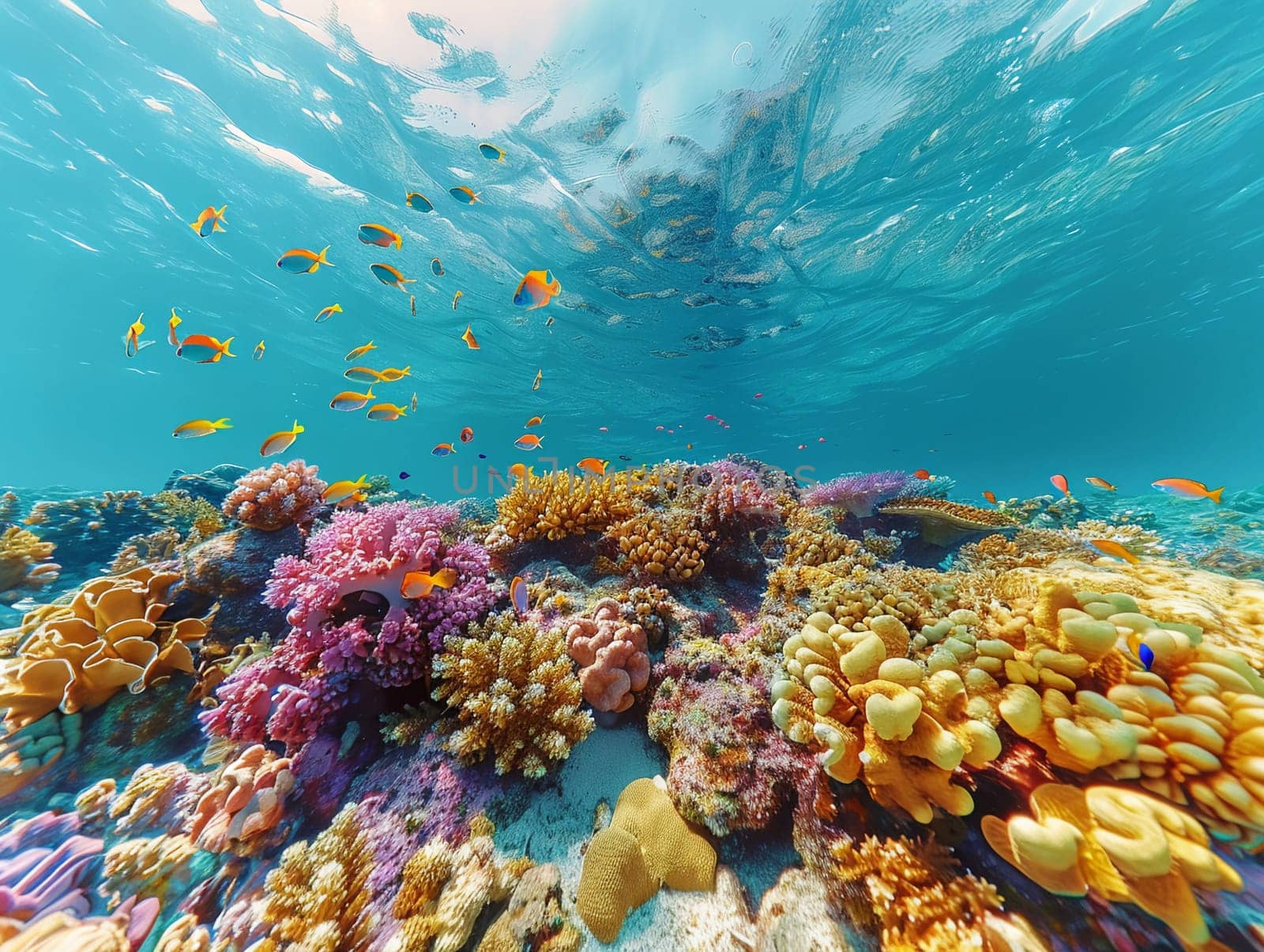 Underwater coral reef with colorful fish, perfect for marine and environmental backgrounds.
