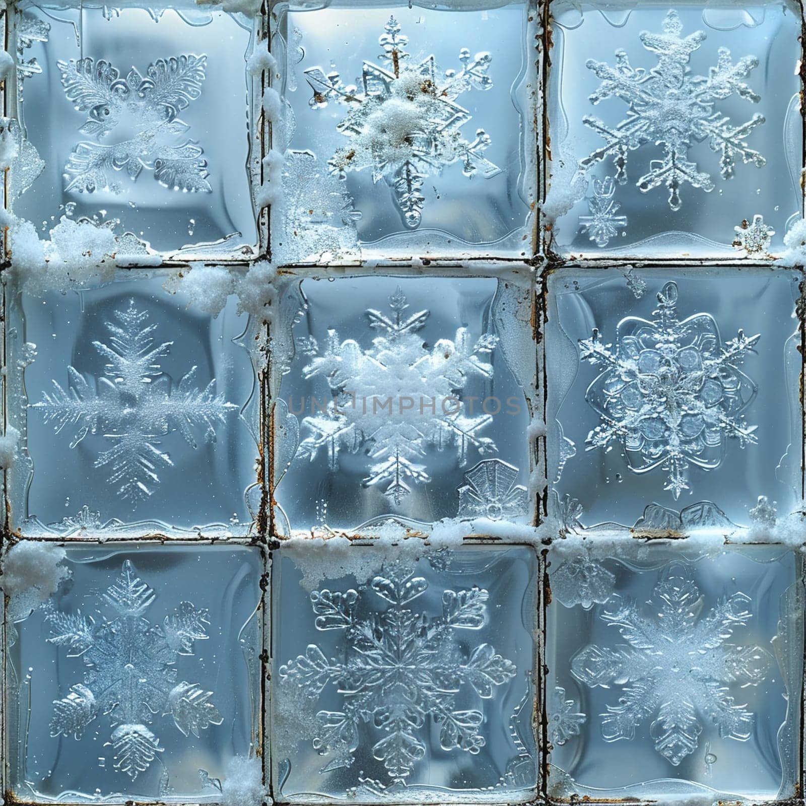 Icy snowflakes on a window pane, capturing the magic and tranquility of winter.