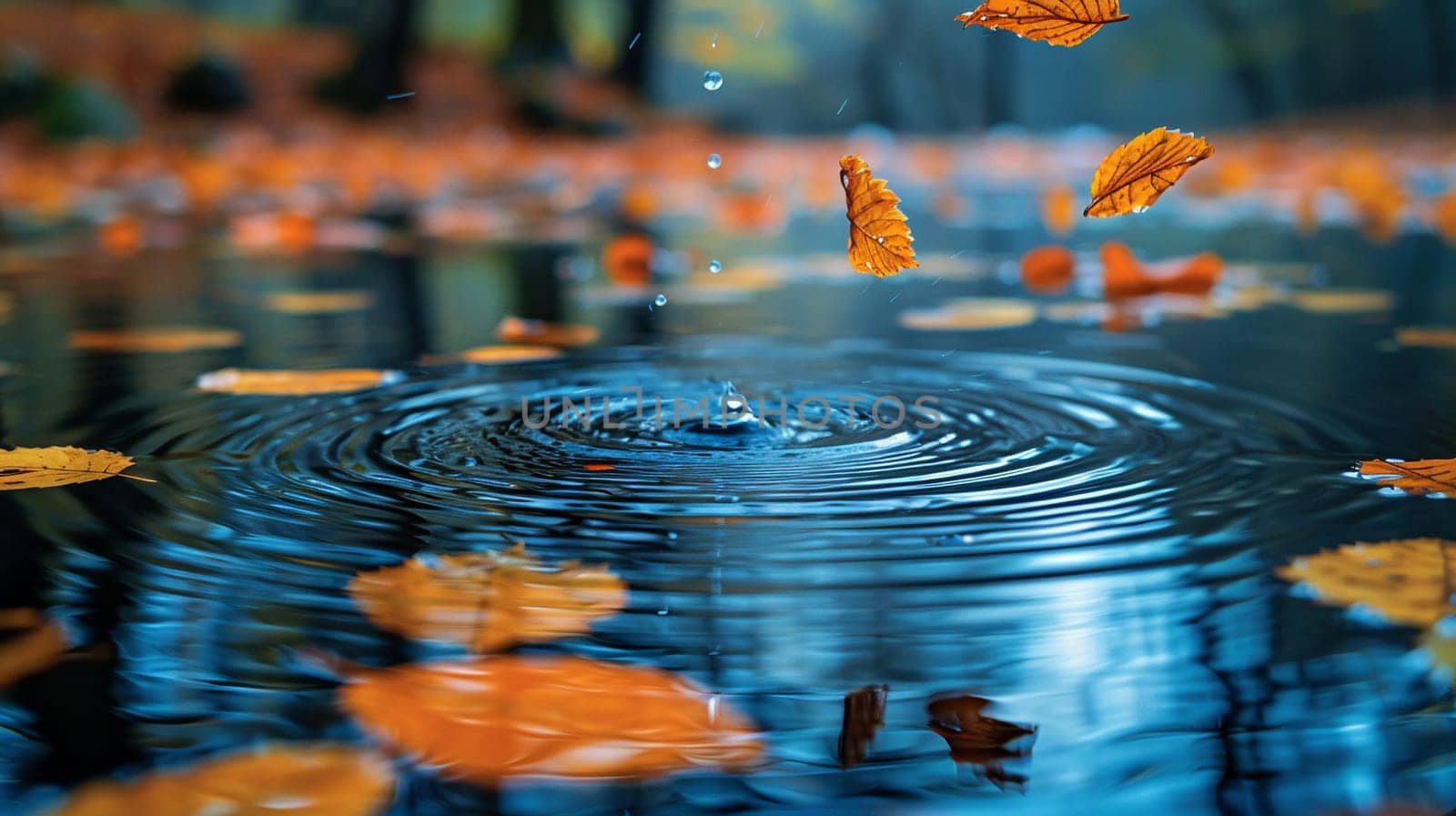 Ripples on a serene pond surface, touched by falling autumn leaves, illustrating change and tranquility.