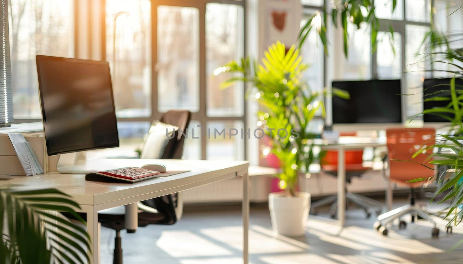 A bright and sunny office with two desks and two chairs by AI generated image.