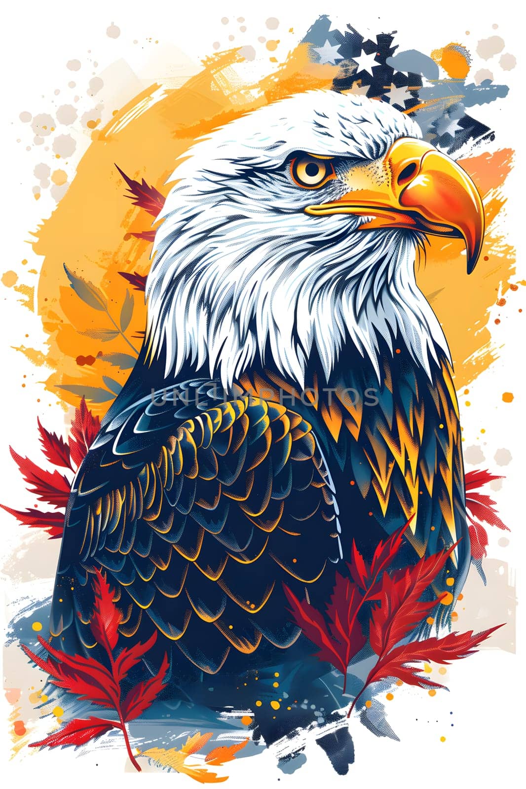 A majestic Bald Eagle, a bird from the Accipitridae family and Falconiformes order, is depicted with its sharp beak surrounded by red leaves on a white background