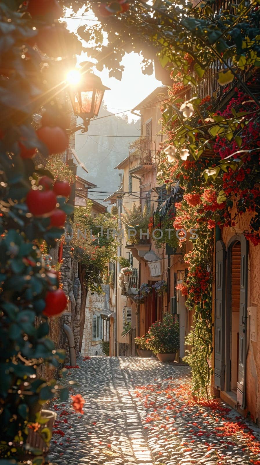 A narrow alley bathed in warm sunlight flanked by historic buildings by Benzoix