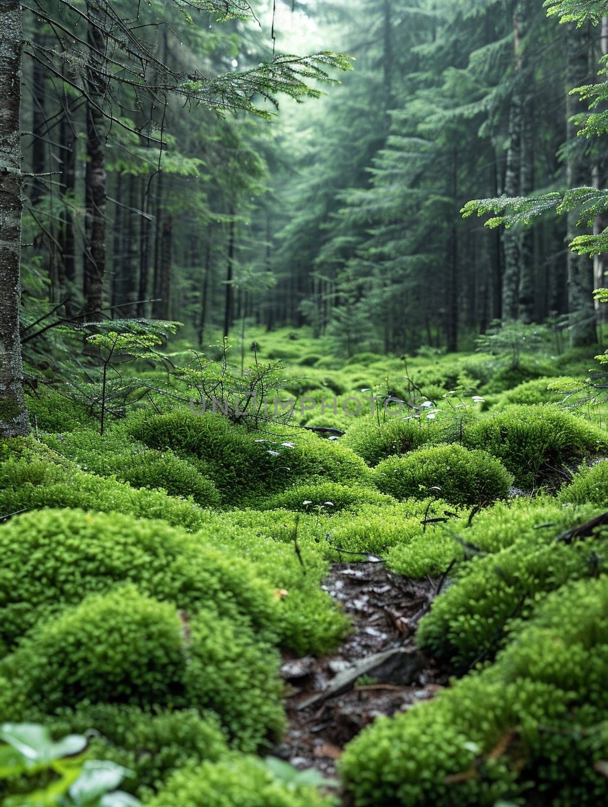Lush green forest floor covered in moss by Benzoix