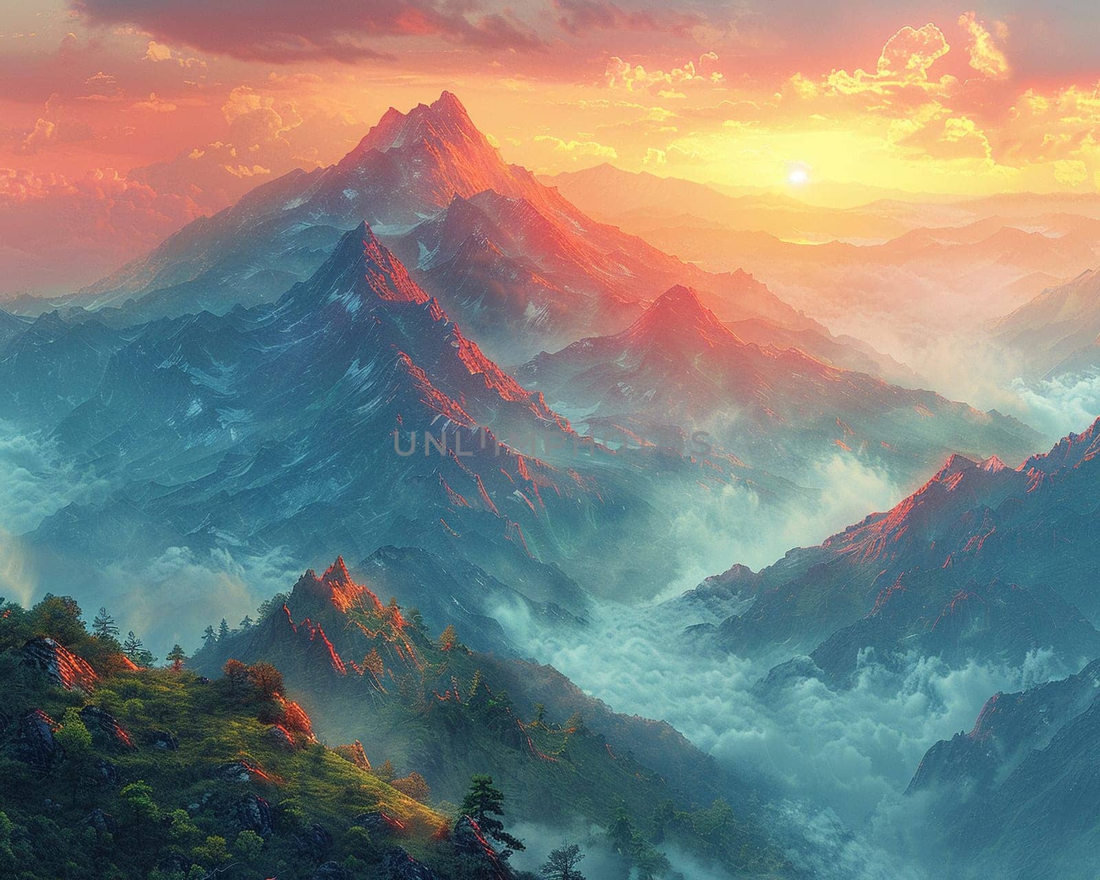 A peaceful sunrise over a mountain range, bathing the landscape in soft light.