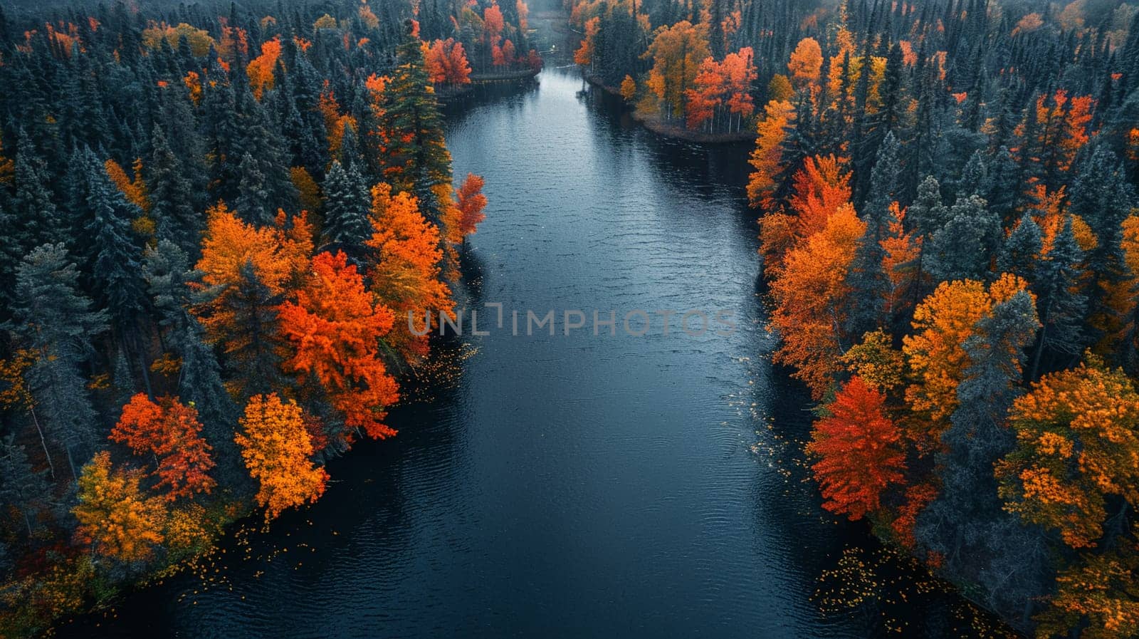 Winding river through a vibrant autumn forest by Benzoix