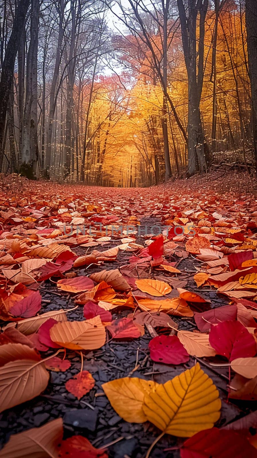 Brightly colored autumn leaves on forest floor by Benzoix