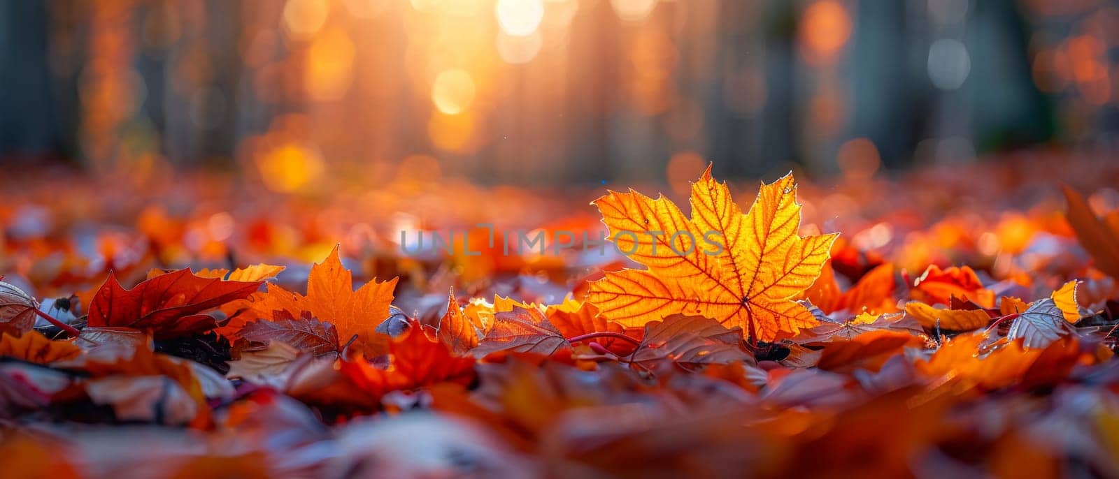 Brightly colored autumn leaves on forest floor by Benzoix