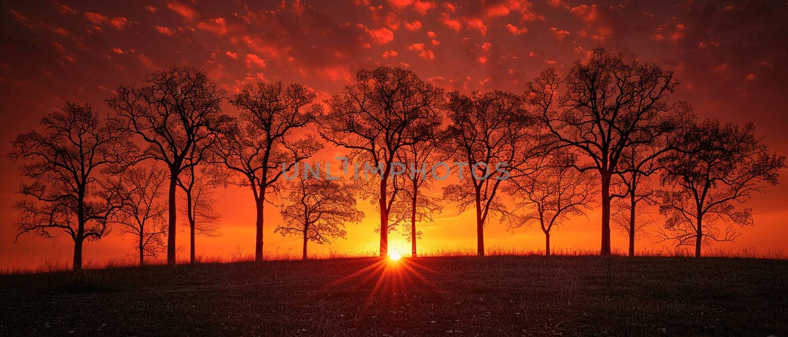 The fiery glow of a sunset behind a silhouette of trees, capturing the end of a day.
