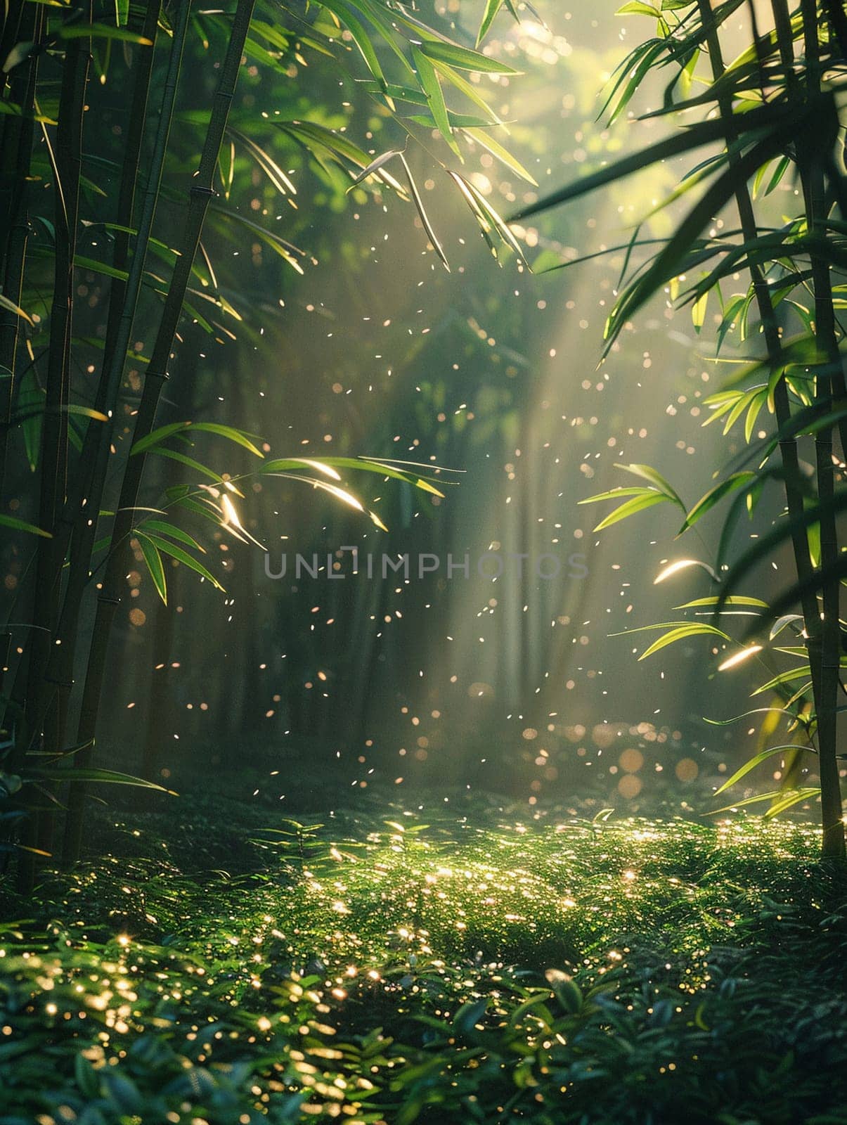 Sunlight casting shadows through a bamboo forest by Benzoix