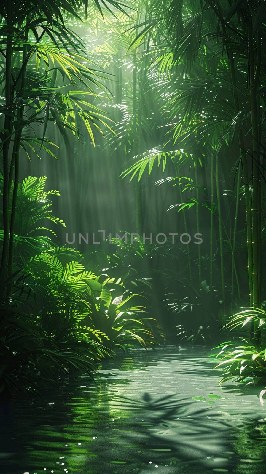 Sunlight casting shadows through a bamboo forest by Benzoix
