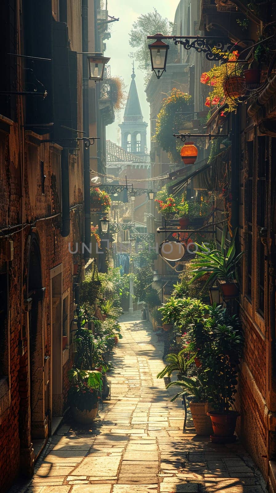 A narrow alley bathed in warm sunlight, flanked by historic buildings, evoking curiosity and exploration.