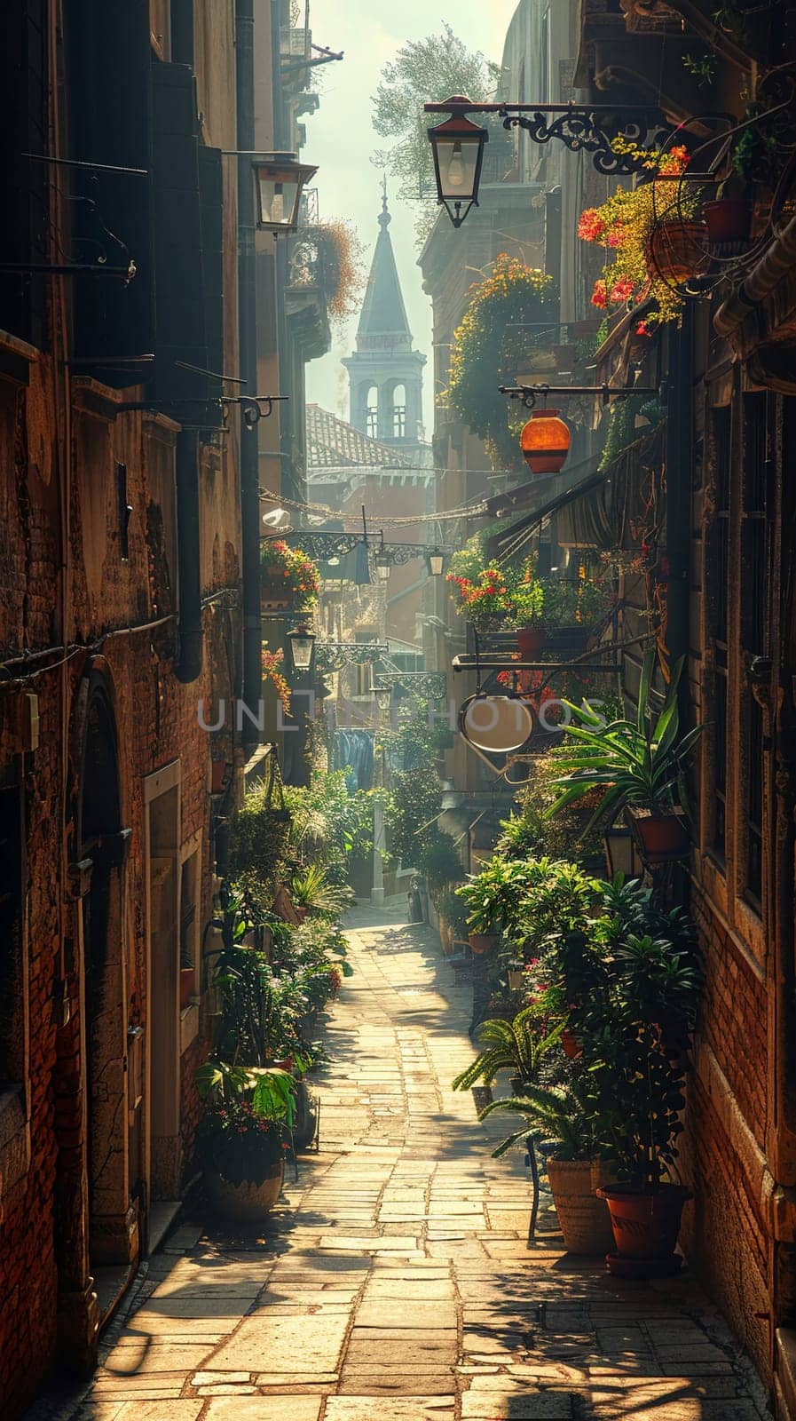 A narrow alley bathed in warm sunlight flanked by historic buildings by Benzoix