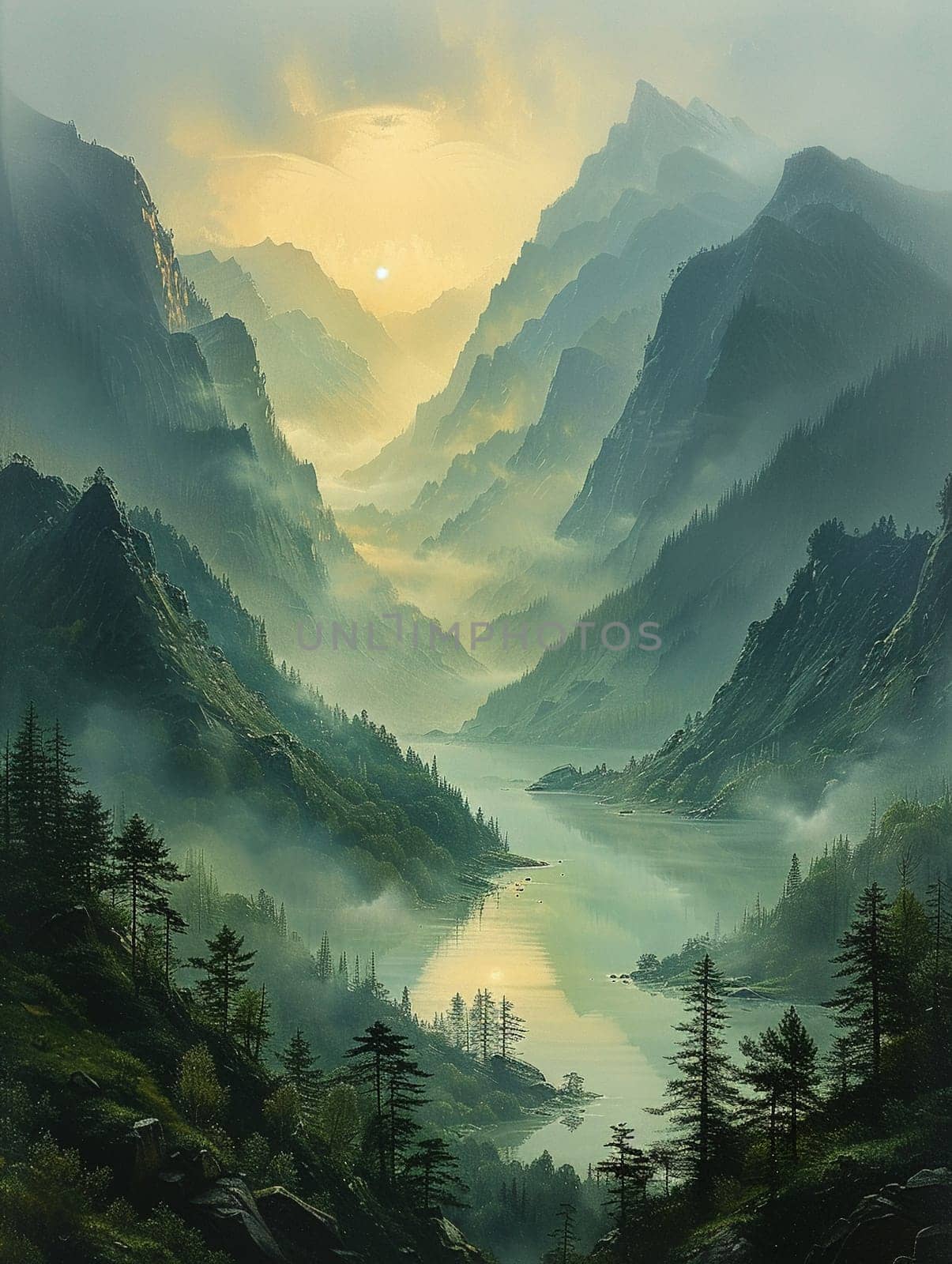 A peaceful sunrise over a mountain range, bathing the landscape in soft light.