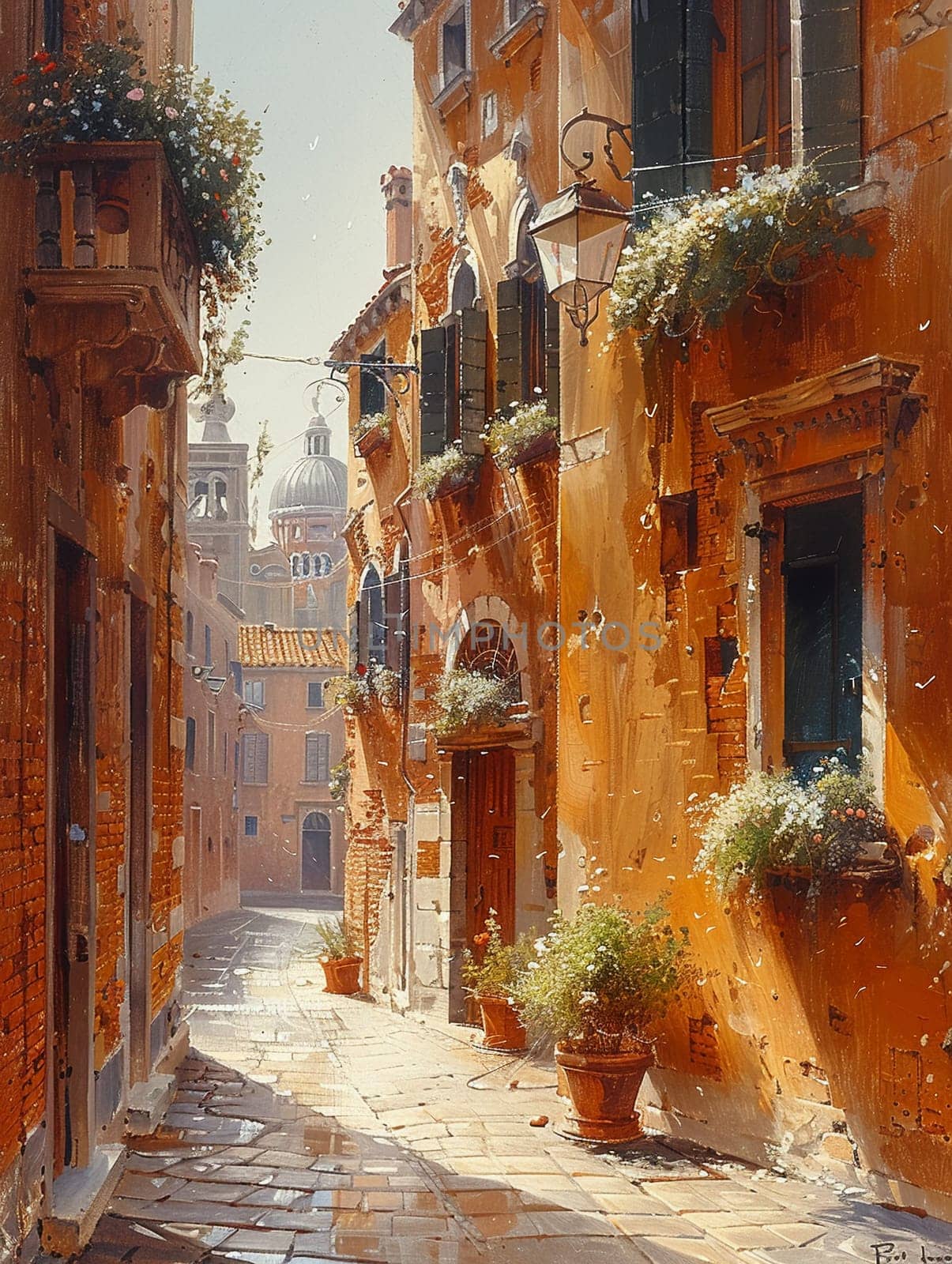 A narrow alley bathed in warm sunlight flanked by historic buildings by Benzoix