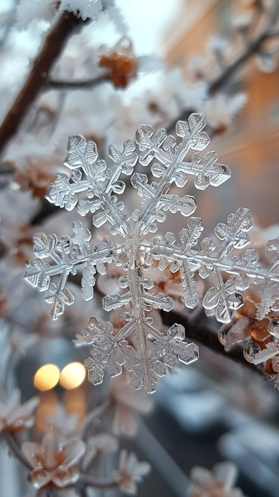 Icy snowflakes on a window pane, capturing the magic and tranquility of winter.