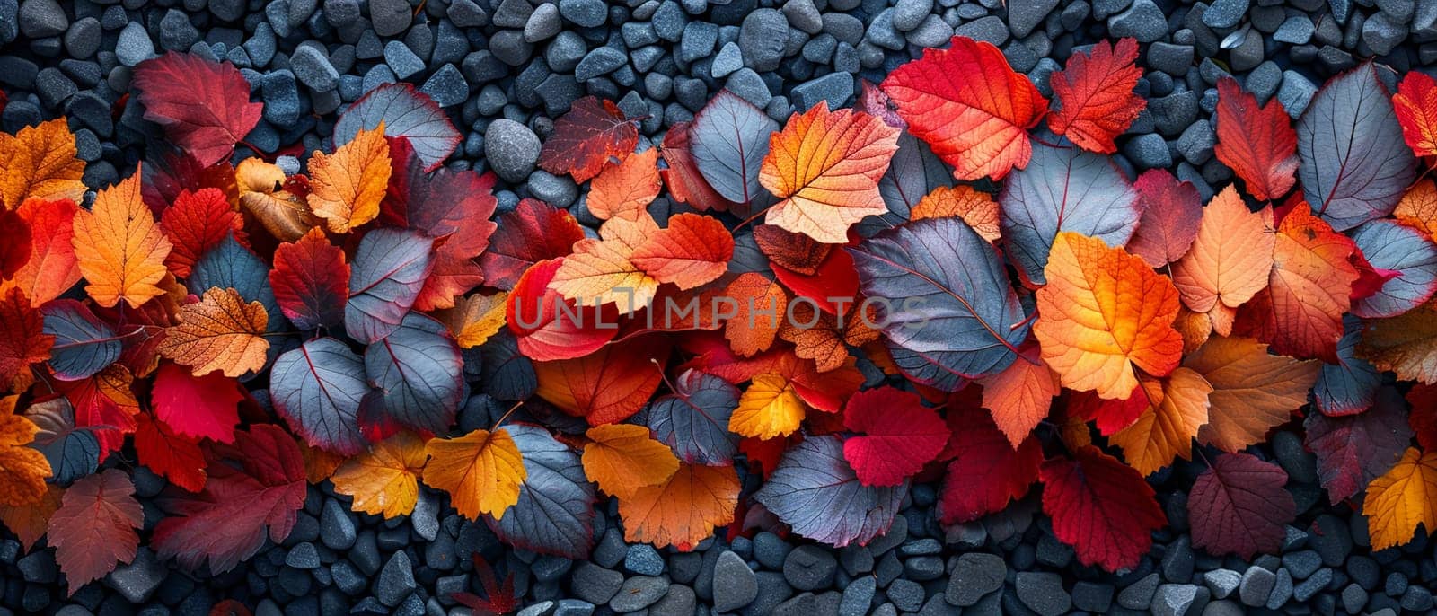 Brightly colored autumn leaves on forest floor by Benzoix