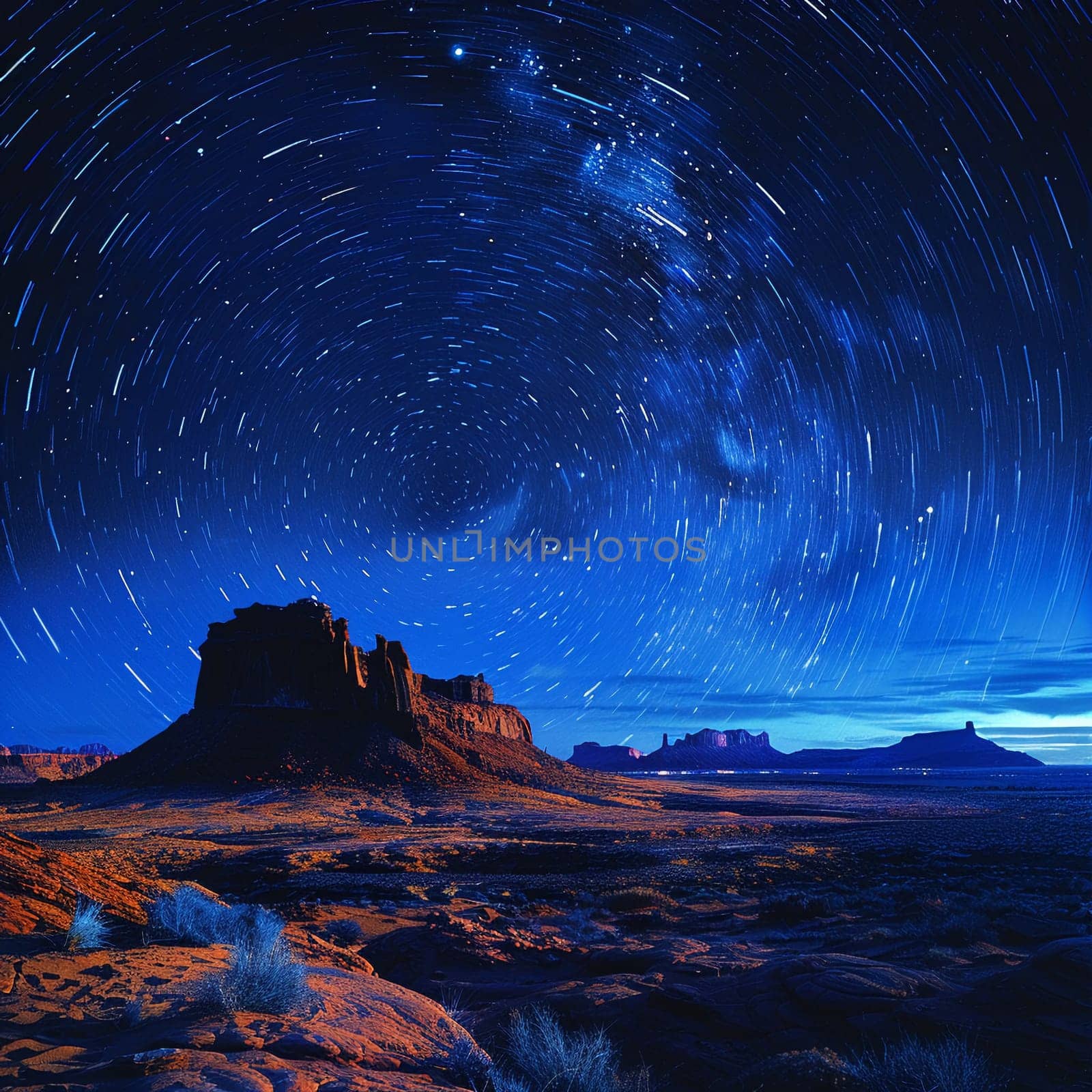 Stars trailing in the night sky over a silent desert, illustrating the passage of time.