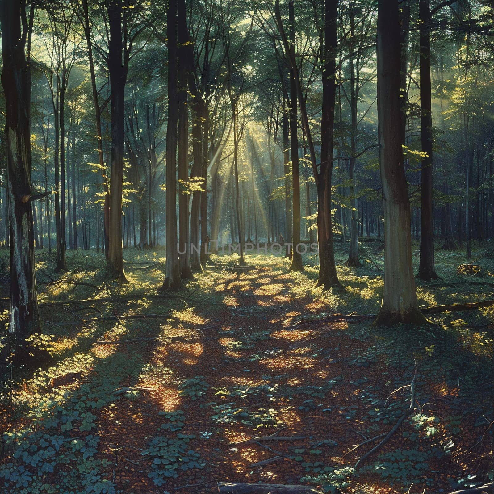 Shadows cast by a forest canopy on a woodland floor, creating a natural mosaic of light and dark.
