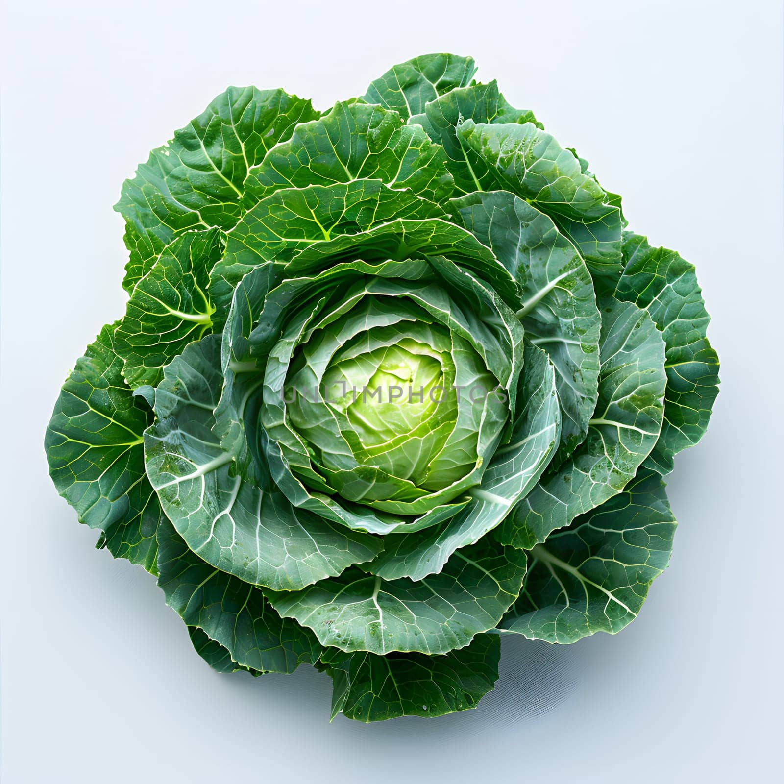 A closeup shot of a vibrant green cabbage, a leaf vegetable, on a crisp white background. The cabbage looks fresh and ready to be used as food ingredient