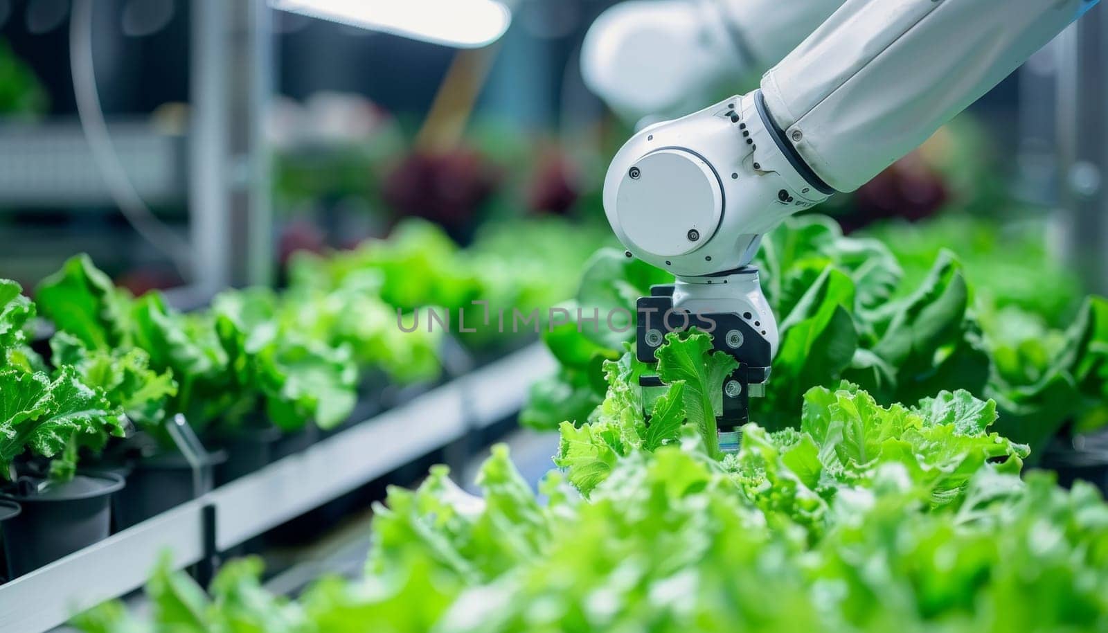 A robot is watering a field of lettuce by AI generated image by wichayada