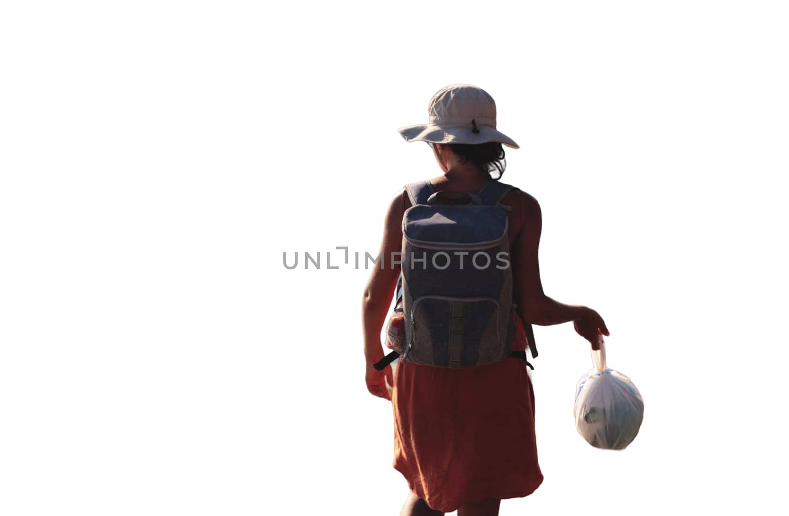 A female camper walking with a trash bag, promoting eco-friendly camping practices. Isolated on transparent background for versatile use